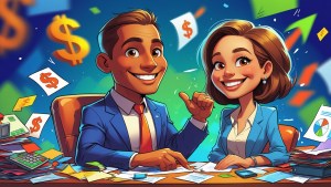 Illustration of a cheerful financial advisor sitting at a desk with colorful charts and graphs, representing smart money planning and financial advice.