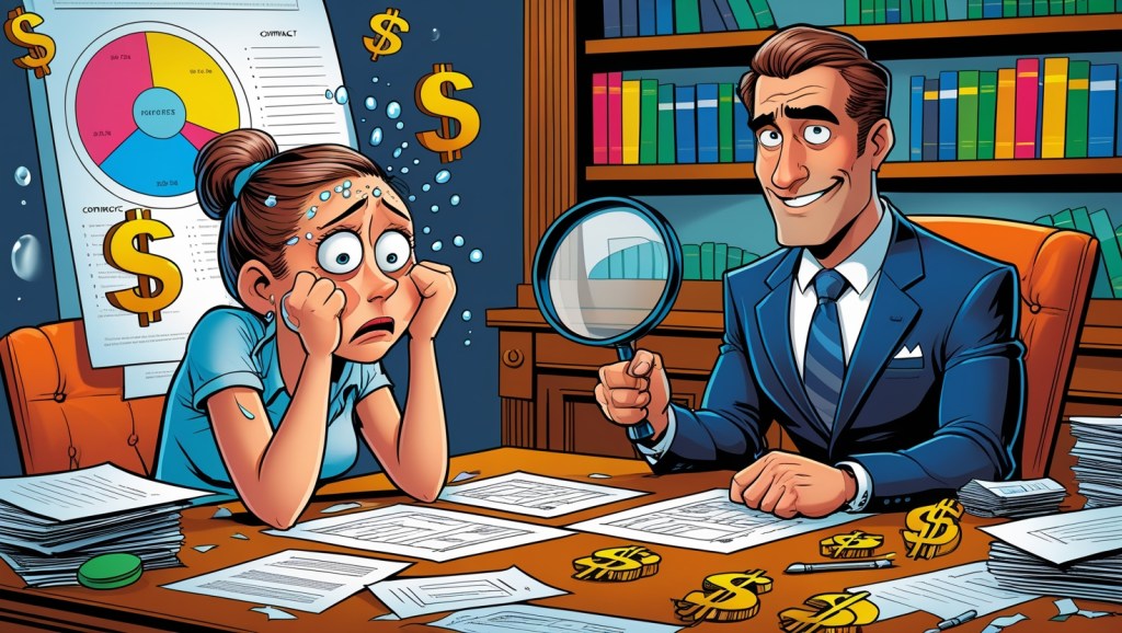 Nervous client facing a professional financial advisor at a desk, with financial charts, dollar signs, contracts, and a magnifying glass, representing the financial planning process.