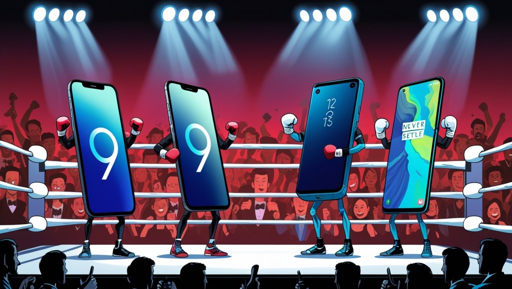 Illustration of iPhone 17, Samsung Galaxy S25, Google Pixel 9, and OnePlus 13 in a boxing ring, symbolizing the competition between flagship smartphones in 2025.